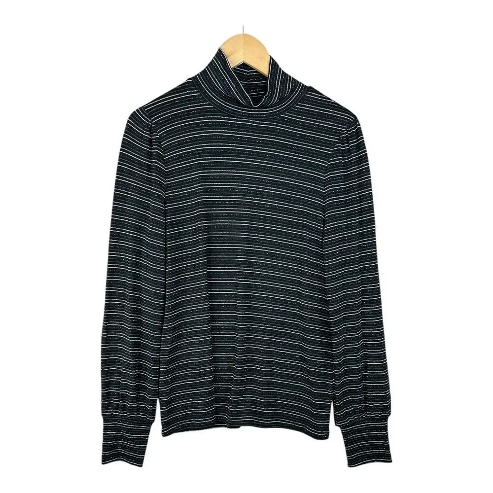 NWT J. CREW‎ Women's Danielle Stripe Turtle Neck Black Hacci Puff LS Size Large